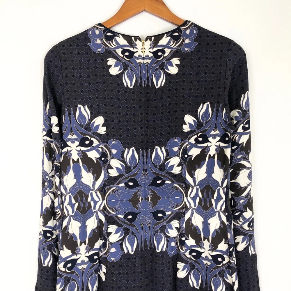 Tory Burch Flavia Floral Mini Dress Long Sleeve Jersey Stretch Size 6 Blue White